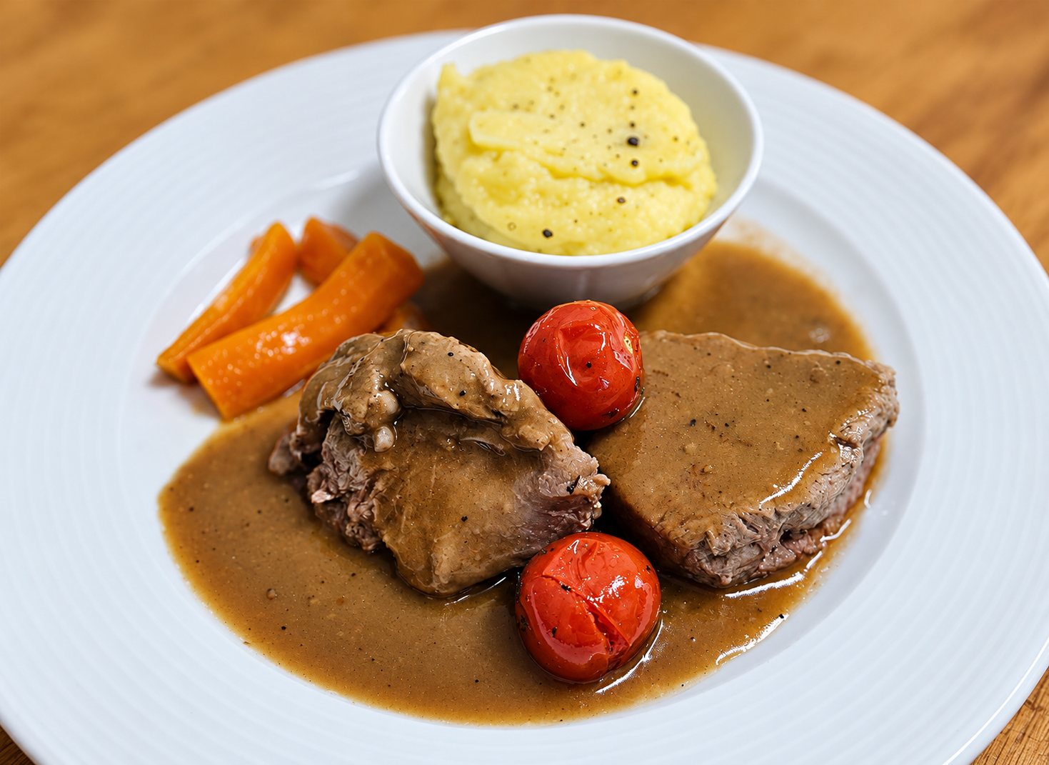 Une assiette blanche garnie de deux morceaux de viande nappés de sauce brune, accompagnés de purée de pommes de terre, de carottes et de tomates cerises.