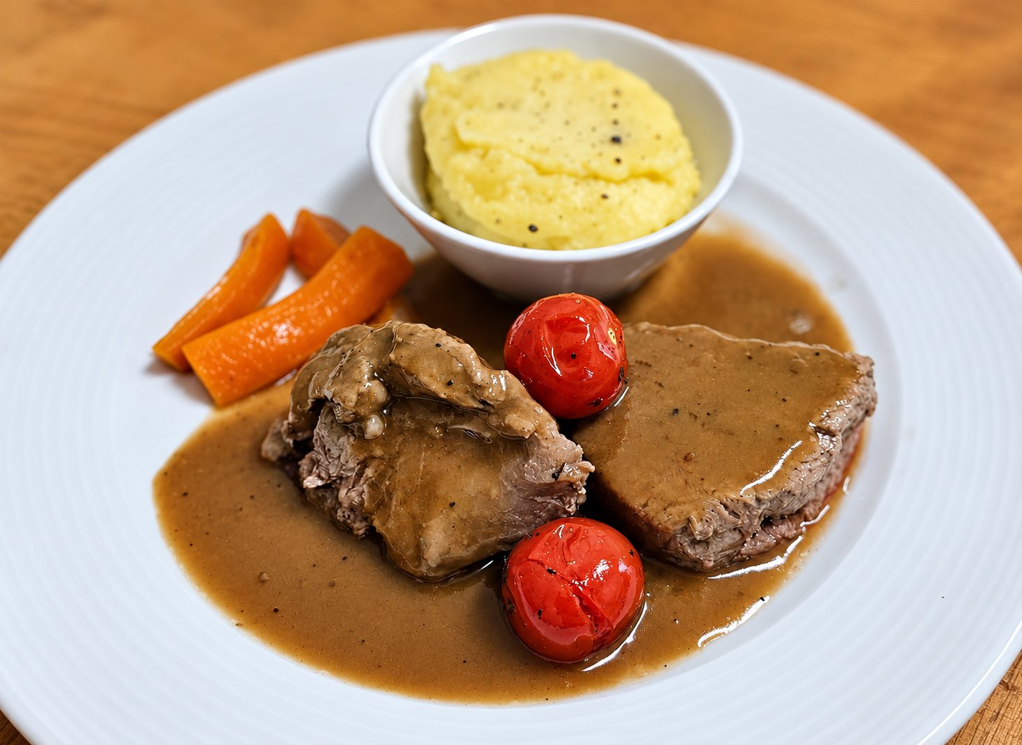 Une assiette blanche garnie de deux morceaux de viande nappés de sauce brune, de purée dans un petit bol, de carottes et de tomates cerises rôties.