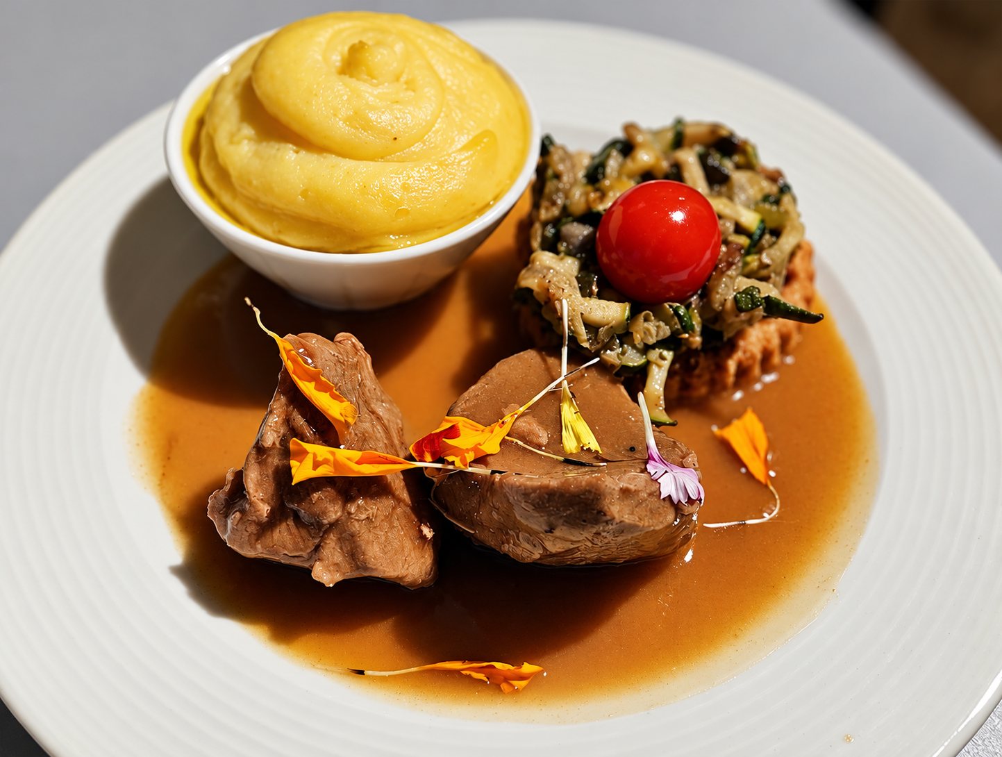 Assiette blanche avec deux morceaux de viande nappés de sauce brune, une purée jaune dans un ramequin et des légumes surmontés d'une tomate cerise, décorés de pétales de fleurs comestibles.