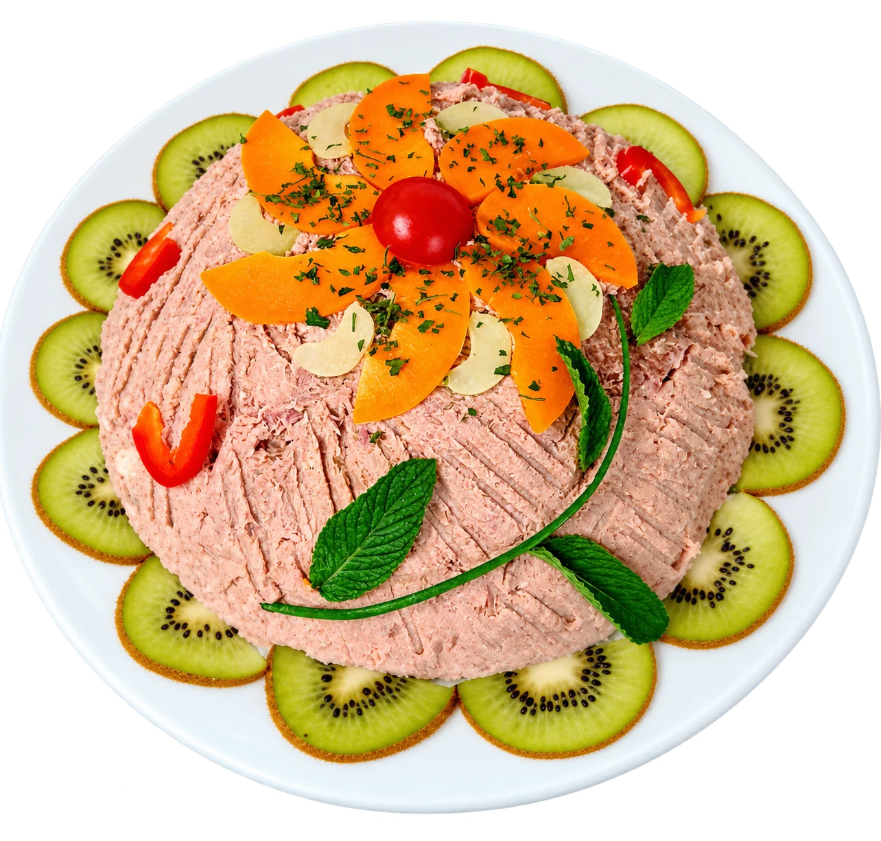 Un dôme de terrine rose décoré d'une fleur d'abricots et d'une tomate cerise, de feuilles de menthe et entouré de tranches de kiwi sur une assiette blanche.