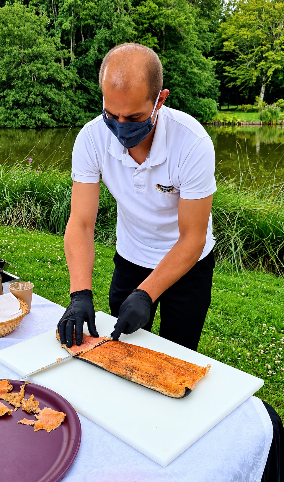 Un homme en polo blanc, masque et gants noirs, tranche un filet de saumon fumé sur une planche blanche posée sur une table au bord d'un étang.