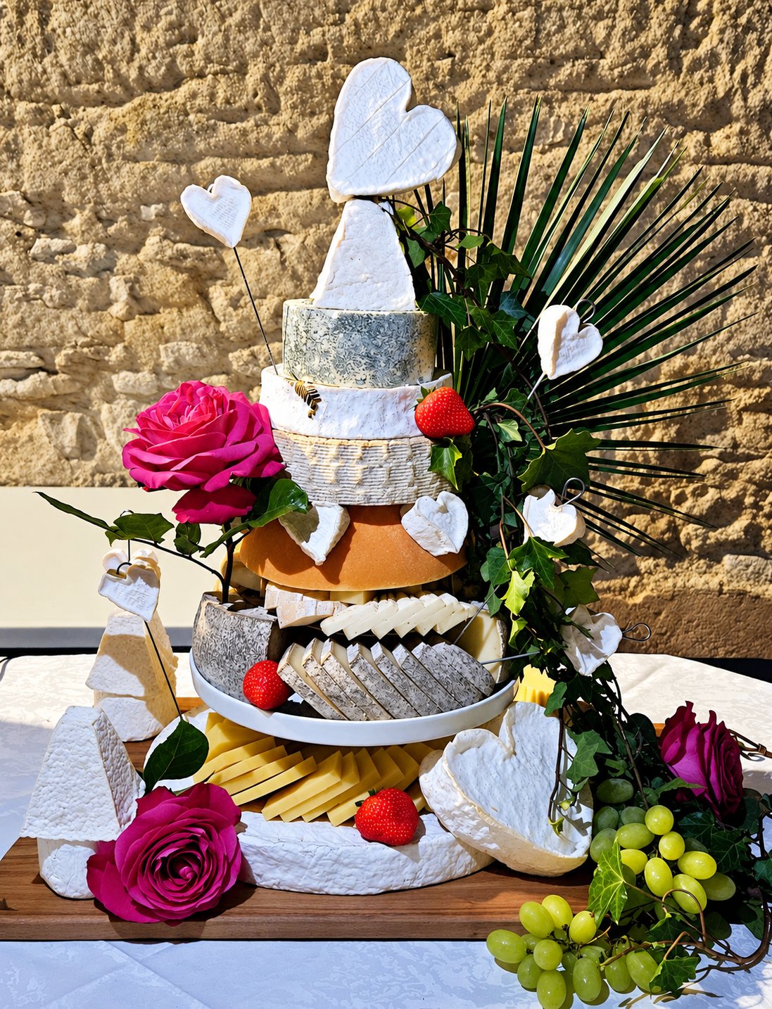 Une pyramide de fromages en forme de gâteau de mariage, ornée de roses roses, de raisins verts, de fraises et de feuillages, posée sur une table devant un mur en pierre.