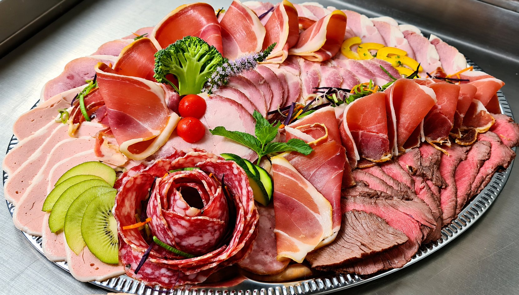 Un grand plateau argenté de charcuterie variée avec jambon cru, jambon blanc, rosbif et une rose de salami, décoré de kiwi, brocoli, tomates cerises et menthe.