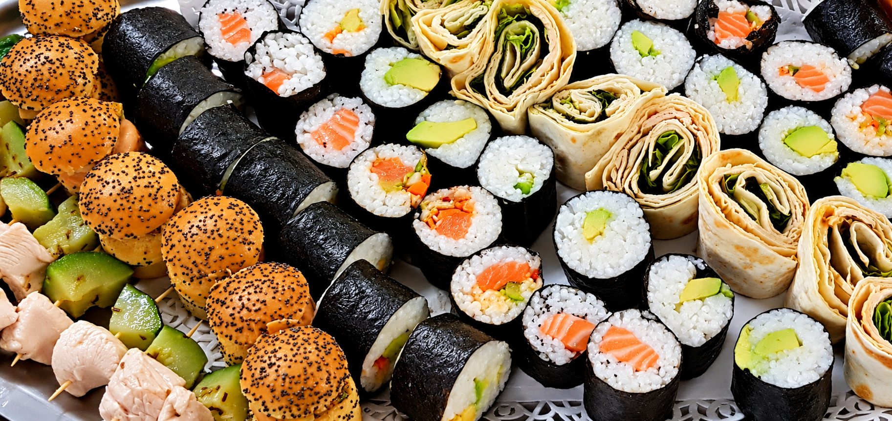 Plateau de traiteur garni de makis au saumon et à l'avocat, de wraps roulés, de mini-burgers au pavot et de brochettes de poulet.