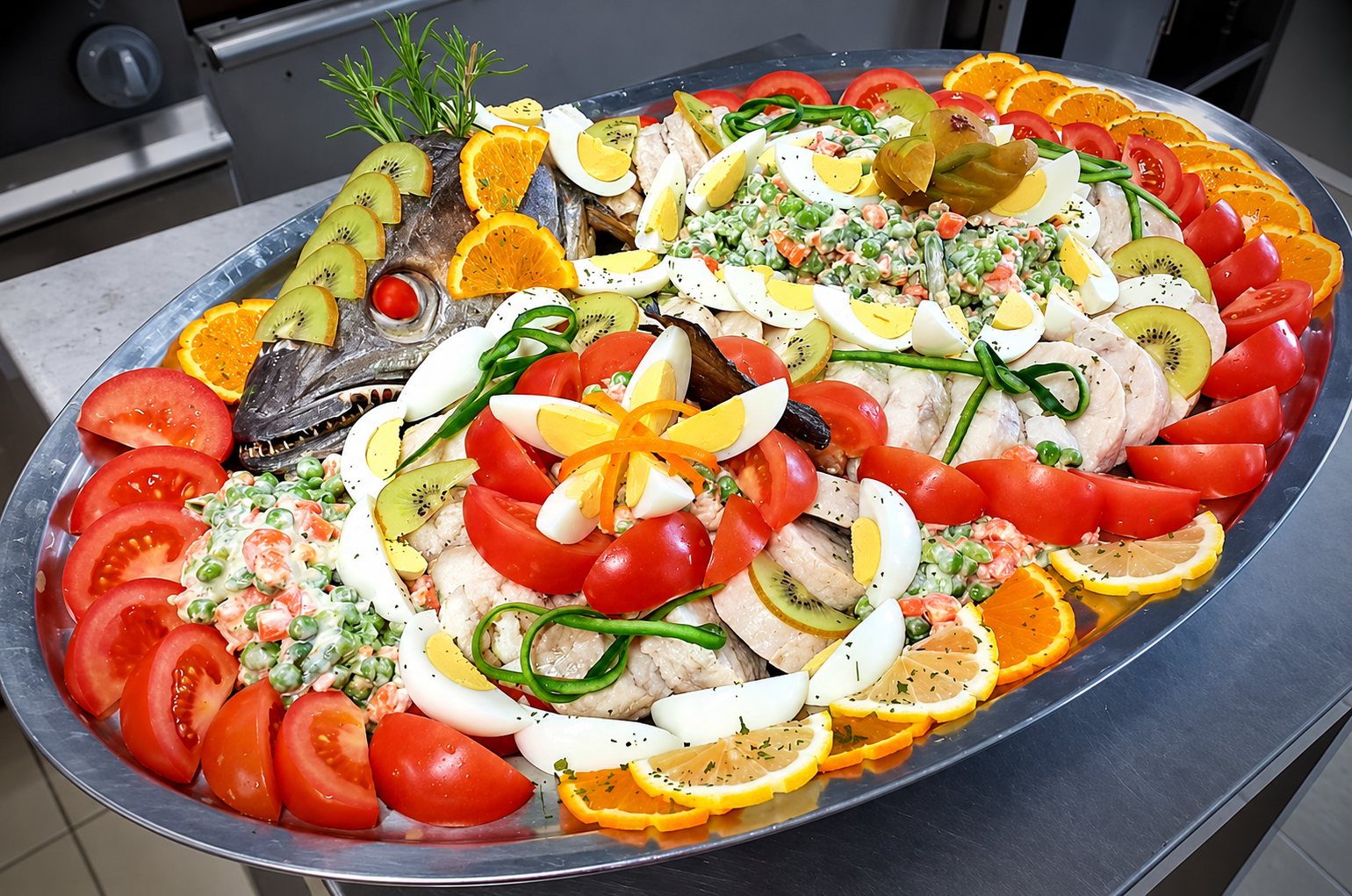 Un grand plateau ovale présente un poisson entier décoré de tranches de tomate, d'œufs durs, de kiwi, d'orange, de citron et de salade de légumes à la mayonnaise.