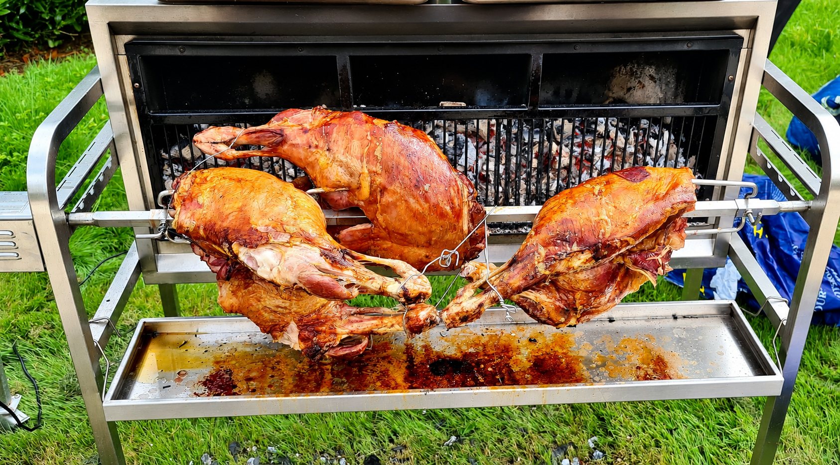 Trois grosses pièces de viande dorée rôtissent sur une broche dans un grill en acier inoxydable posé sur l'herbe, au-dessus de braises.